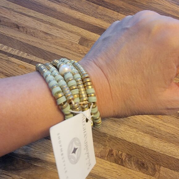 Meghan Browne Style Lynn Mint 5 Strand Mixed Texture Boho Bracelets - Picture 12 of 14